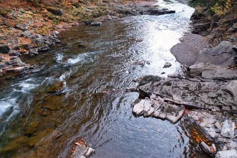 Stream running down mountain rocks through autumn forest 库存照片