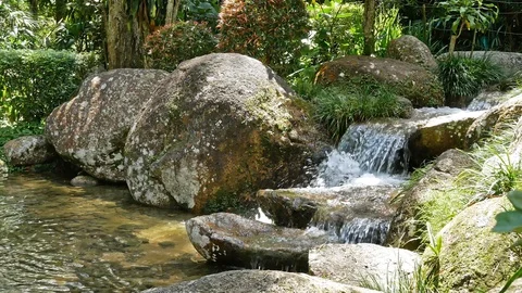 Stream running over mossy rocks Видео 86411213