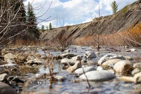 A Stream Running Through A Dry Grass Covered Field. Stock Photos