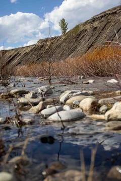 A Stream Running Through A Dry Grass Covered Field. Stock Photos