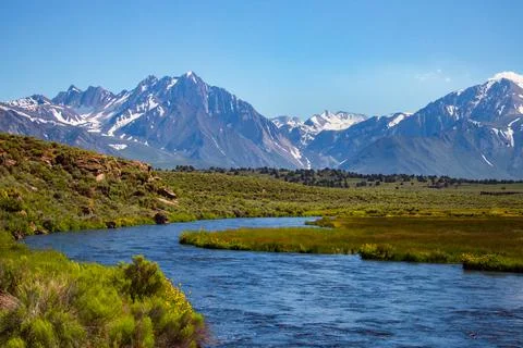 A stream running through a meadow with snowy mountains Stock Photos