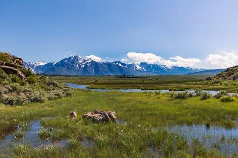A stream runs through a green grass meadow with snowy mountains Stock Photos