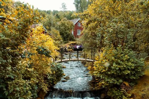 Stream with a small bridge in front of a red wooden house in Sweden in autumn Stock Photos