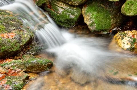 Stream with small cascade and mossy stones all around. Stock Photos