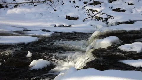 Stream with Small Waterfall in Winter, Teesdale, UK Video stock 148561097