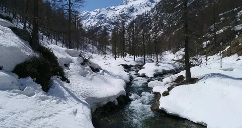 Stream in snowy valley Stock Footage 89196677