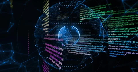 On stream start, 3D render blue dotted globe rotating as code streams wrapping Stock Footage 313772952