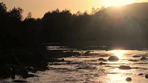 Stream at sunset, water flowing, sunset Video stock 84146213