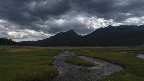 Stream through green valley on stormy day 8K time lapse Stock Footage 111117557