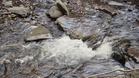 Stream transparent water in rapid river from mountain waterfall close up. Water  Stock Footage 98378079