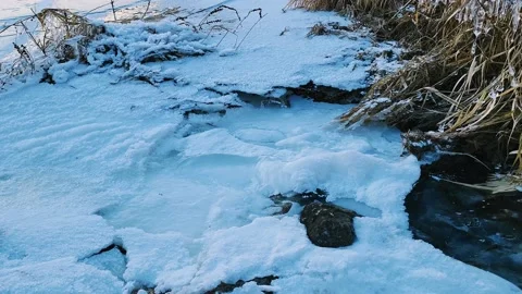Stream under the ice flows into the river Stock Footage 224562624