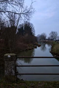 Stream of water with bare trees at the edge of it on a cloudy day in winter i Stock Photos