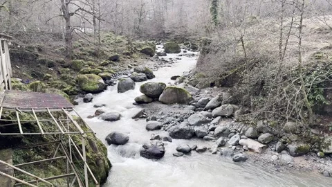 A stream of water is flowing between rocks Stock Footage 296182845