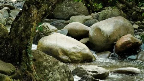 A stream of water flows between large rocks Stock Photos