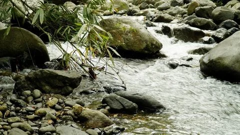 A stream of water flows between large rocks Stock-Fotos