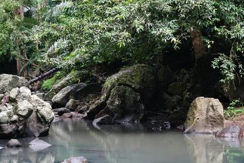 A stream of water flows between large rocks Stock Photos