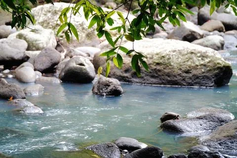 A stream of water flows between large rocks Stock Photos