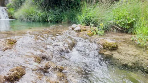 A stream of water flows over rocks and through a grassy area Stock Footage 277410092