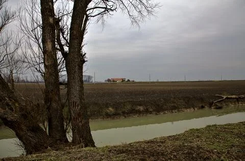 Stream of water next to a field with bare trees by the edge of it in the ital Stock Photos