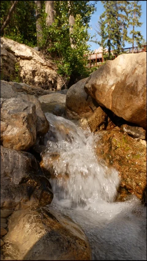 Stream of Water running through tight Rocks in the Forest in British Columbia Stock Footage 279442996