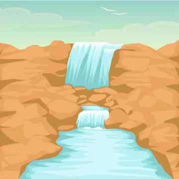 Stream of waterfall from cliff. Vector river Stock Illustration