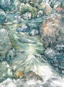 Stream of Waterfall Nature Hand drawn Watercolor Painting Stock Illustration