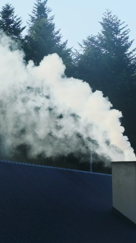 Stream of white smoke rises slowly from chimney of house Video stock 320768267