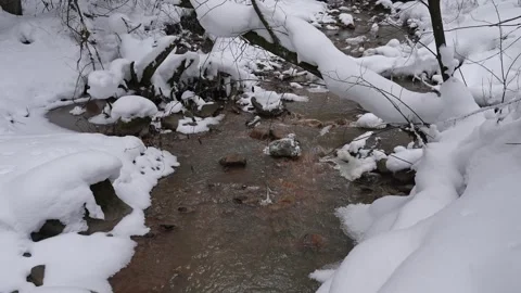 A stream in a winter forest. The channel of a small river flowing through a Stockbeeldmateriaal 329552997