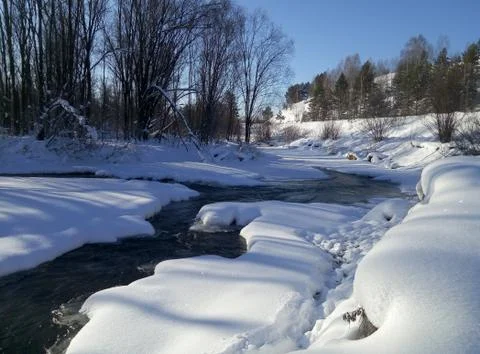 A stream in the winter forest on a Sunny day Stock Photos