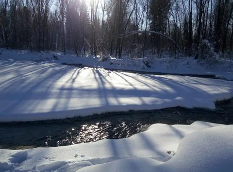 A stream in the winter forest on a Sunny day Stock Photos