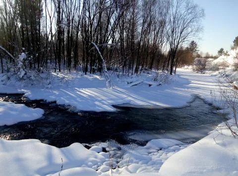 A stream in the winter forest on a Sunny day Stock Photos