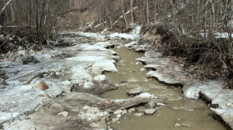 Stream in Winter with Snowfall Stock Footage 38346806