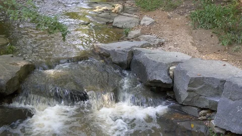 Stream in the woods with small waterfall 4K Stock Footage 95749480