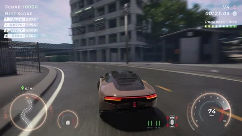 Streamer achieves the victory in the computer game sportscar racing action Stockbeeldmateriaal 259172974