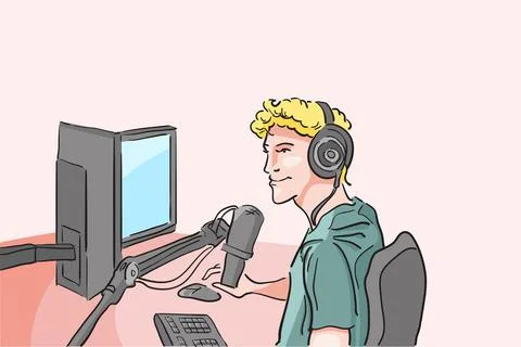 Streamer with devices for streaming, Pro player gamer playing game online, in Stock Illustration
