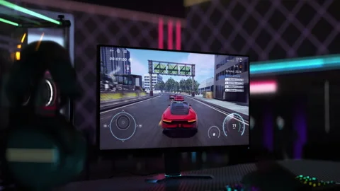 Streamer enjoys the virtual car driving hobby on a gaming computer screen Stock Footage 252489594