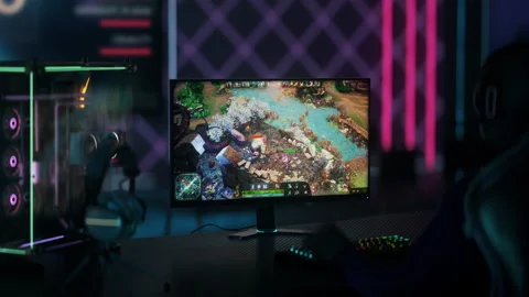 Streamer Plays MOBA Multiplayer Mode On Modern Gaming PC With RGB Lights Stock Footage 239617199