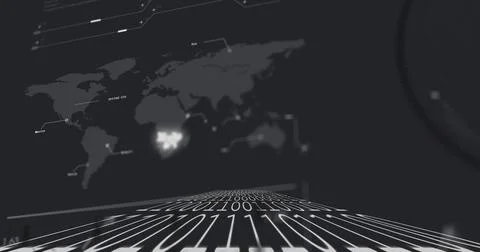 Streaming 1s and 0s grid receding toward horizon on dashboard, with blurred 库存插图