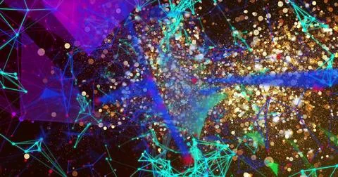 Streaming abstract mesh in virtual cyberspace, with data nodes, connecting lines Stockfoto's