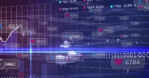 Streaming analytics dashboard with binary stream, 3D grid, line charts, Stock Photos