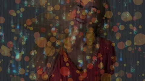 Streaming binary code and orbs overlay initiating model rotating hair and Stock Footage 314174336