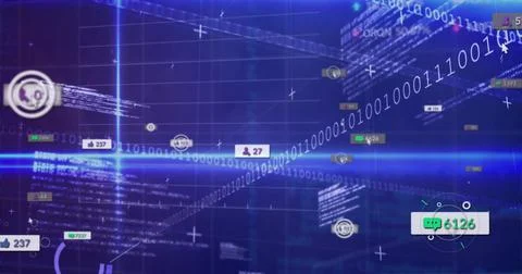 Streaming binary code forming data stream in cyberspace, with thumbs-up icons Stock Photos