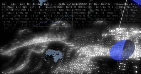 Streaming binary code moving across virtual dashboard, with globe shape and p Foto stock