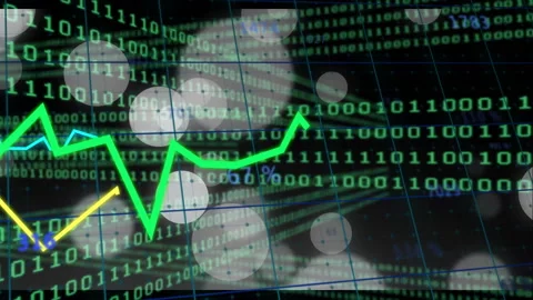 Streaming binary code opening 3D tunnel with nodes floating and line charts Stock Footage 311677535