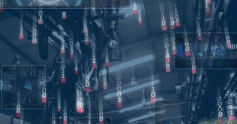 Streaming binary code over suspended conveyor hooks and rails at factory hall, Illustrazione stock