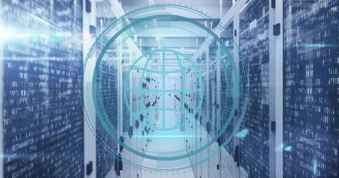 Streaming binary code overlay crossing data center aisle, with server racks, 스톡 사진