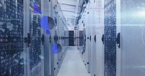 Streaming binary code overlays and math equations across data center corridor, 库存照片