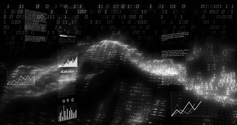 Streaming binary code spawning charts, syncing bar waves, circling peaks, fading Stock Footage 317465823