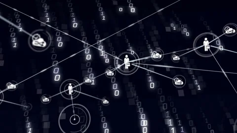 Streaming binary code starting network growth, ringed silhouette linking cloud Stock Footage 312240798