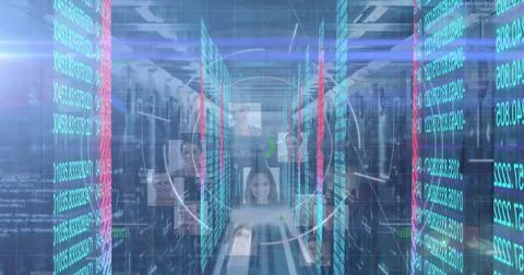 Streaming binary code streams on server racks, floating headshot icons, circular Stockfoto's